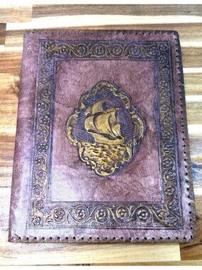 Vintage Hand-Tooled Leather like Nautical Scrapbook Photo Album - Galleon Ship D